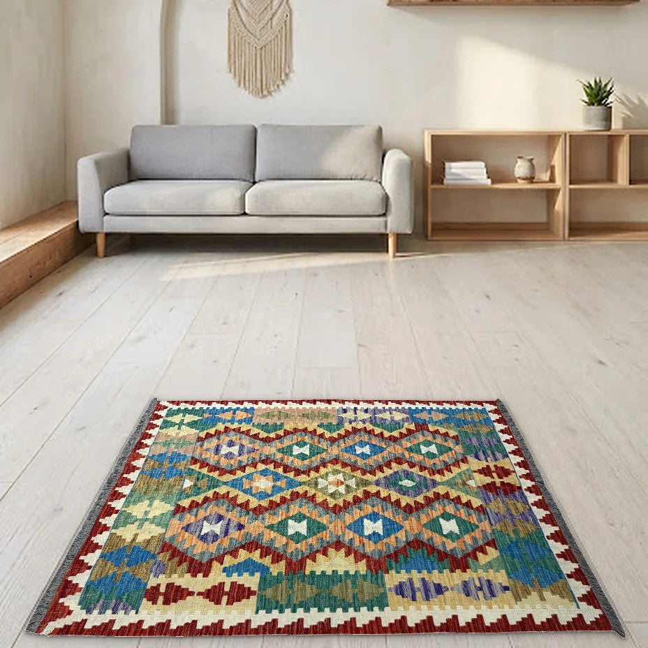 Room view: the rug on the floor of a furnished room