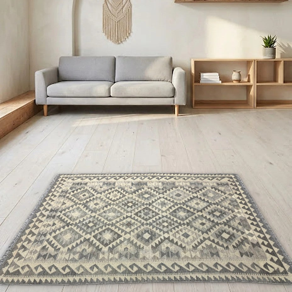 Room view: the rug on the floor of a furnished room