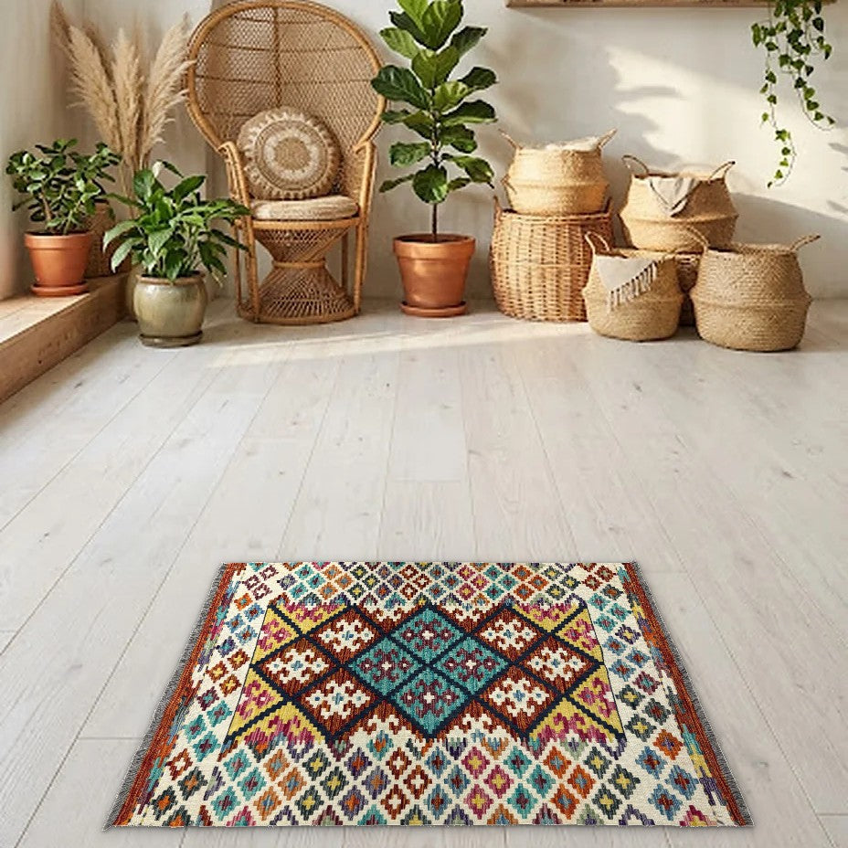 Room view: the rug on the floor of a furnished room