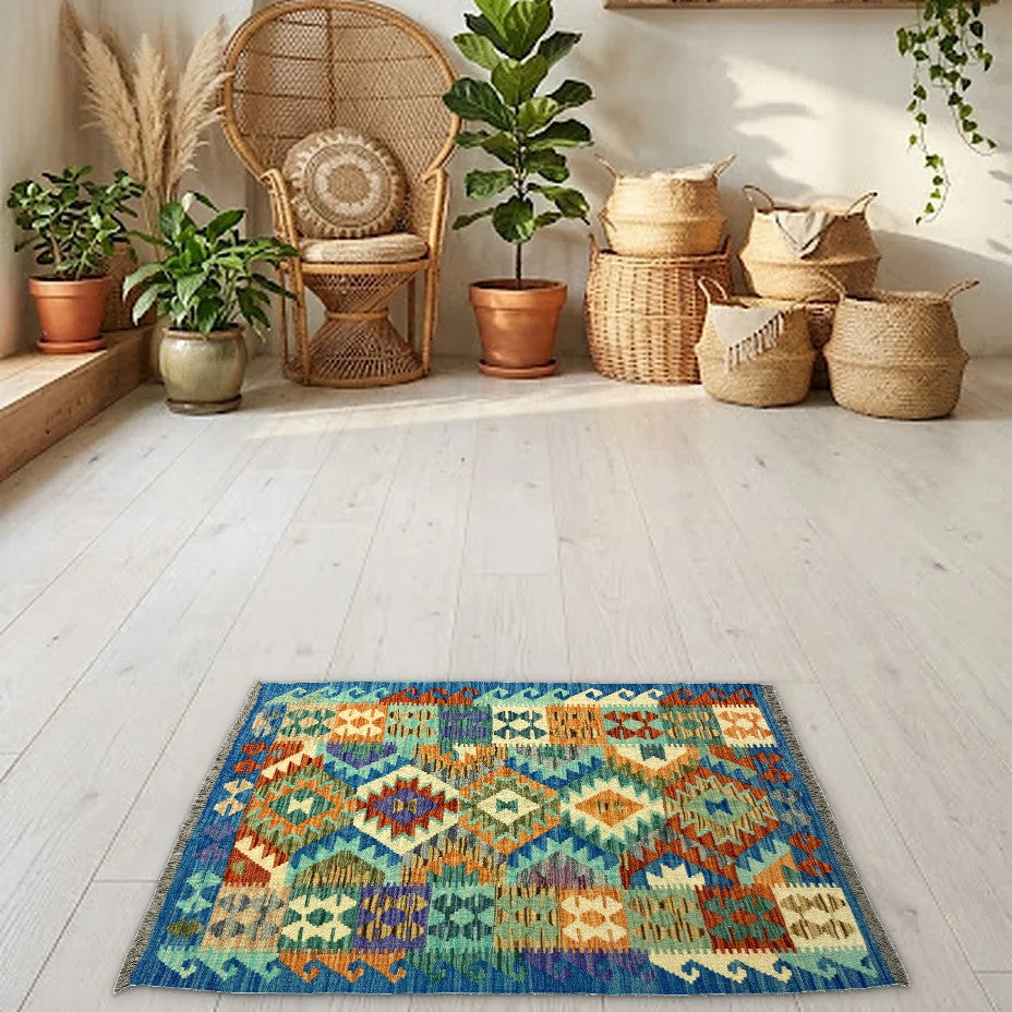 Room view: the rug on the floor of a furnished room
