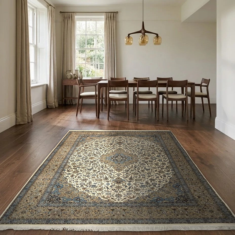 Room view: the rug on the floor of a furnished room
