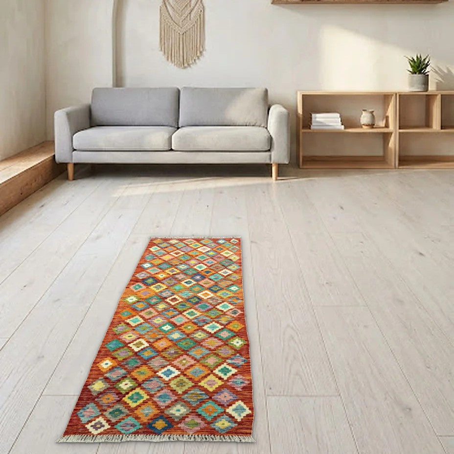Room view: the rug on the floor of a furnished room