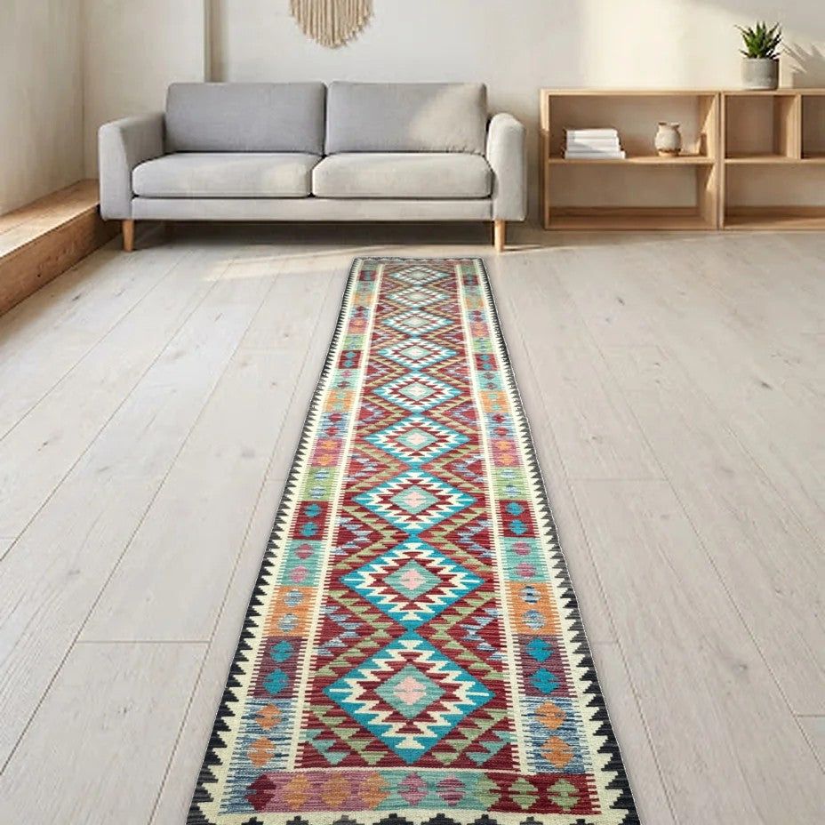 Room view: the rug on the floor of a furnished room