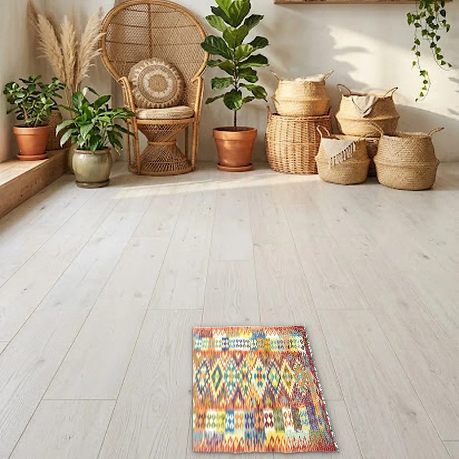 Room view: the rug on the floor of a furnished room