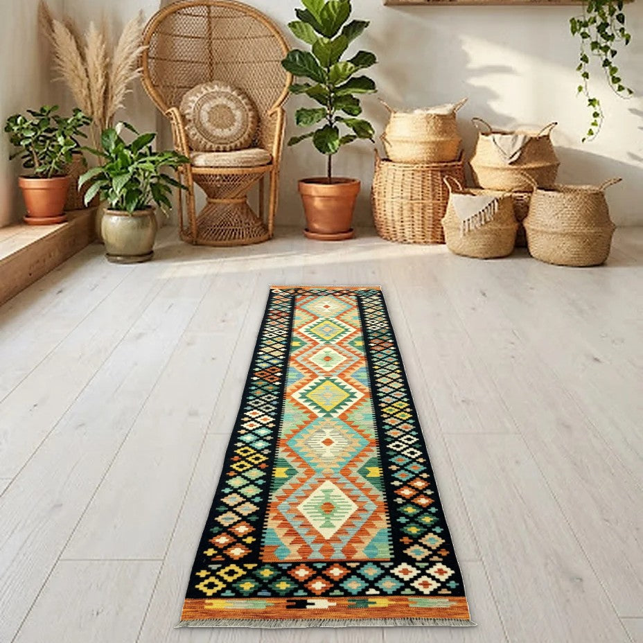 Room view: the rug on the floor of a furnished room