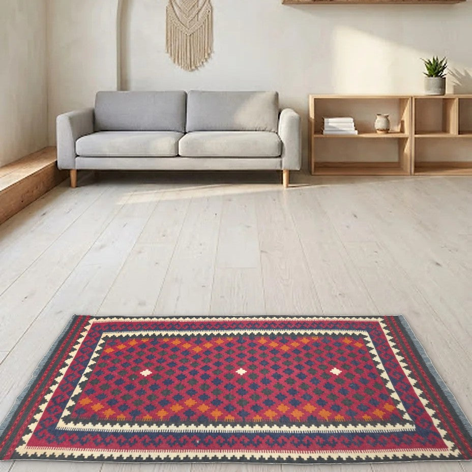 Room view: the rug on the floor of a furnished room