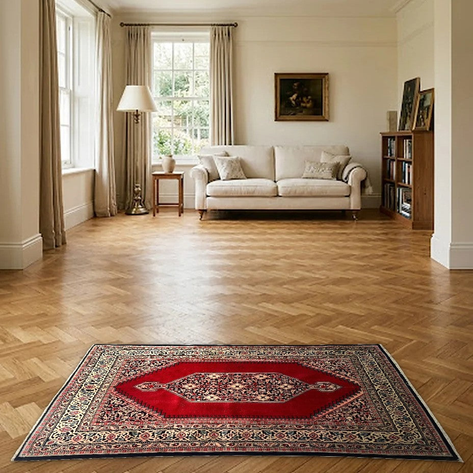 Room view: the rug on the floor of a furnished room