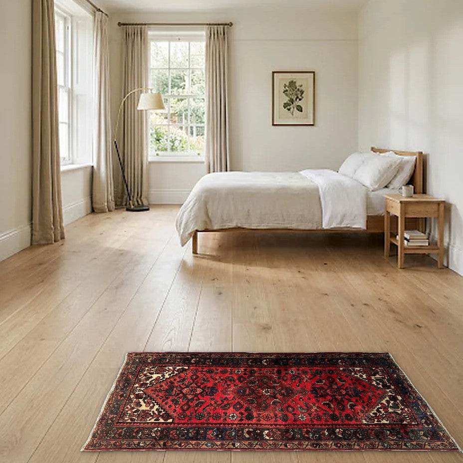 Room view: the rug on the floor of a furnished room