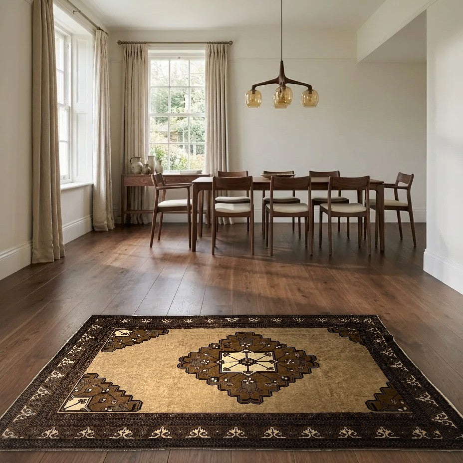 Room view: the rug on the floor of a furnished room