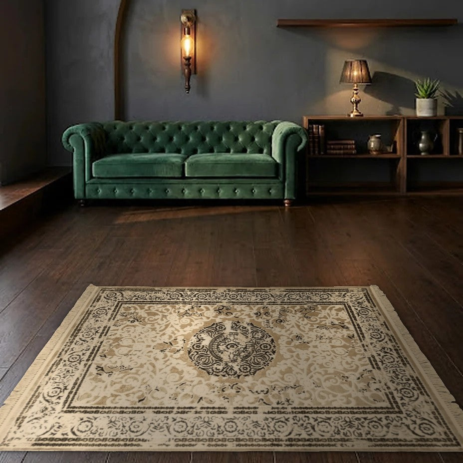 Room view: the rug on the floor of a furnished room