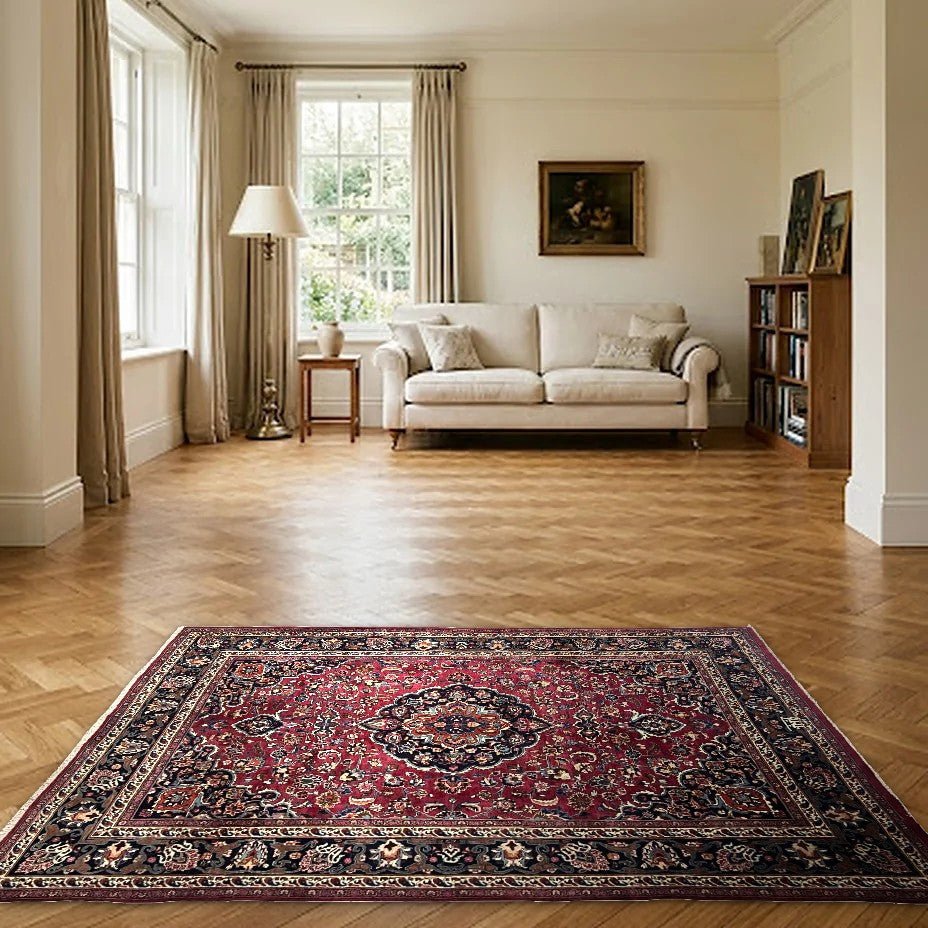 Room view: the rug on the floor of a furnished room