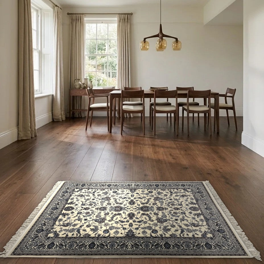 Room view: the rug on the floor of a furnished room
