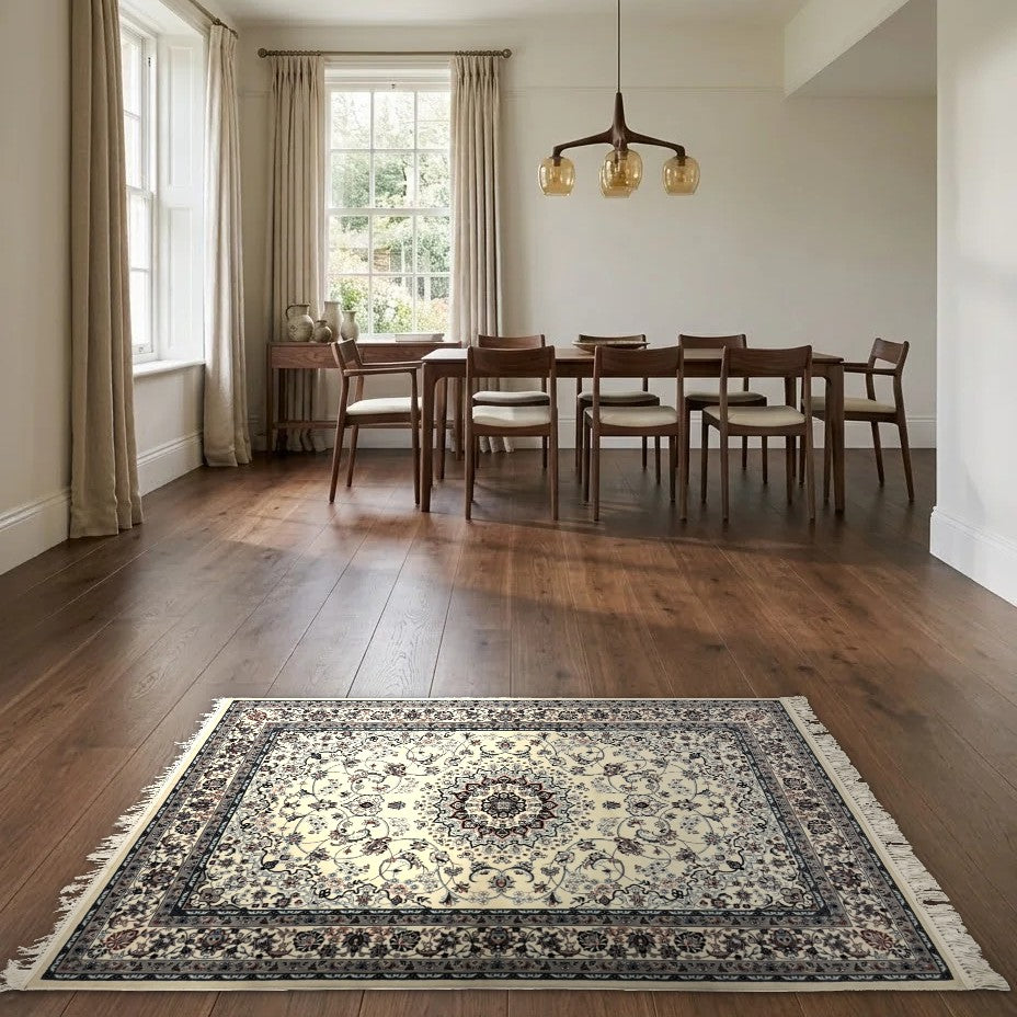 Room view: the rug on the floor of a furnished room