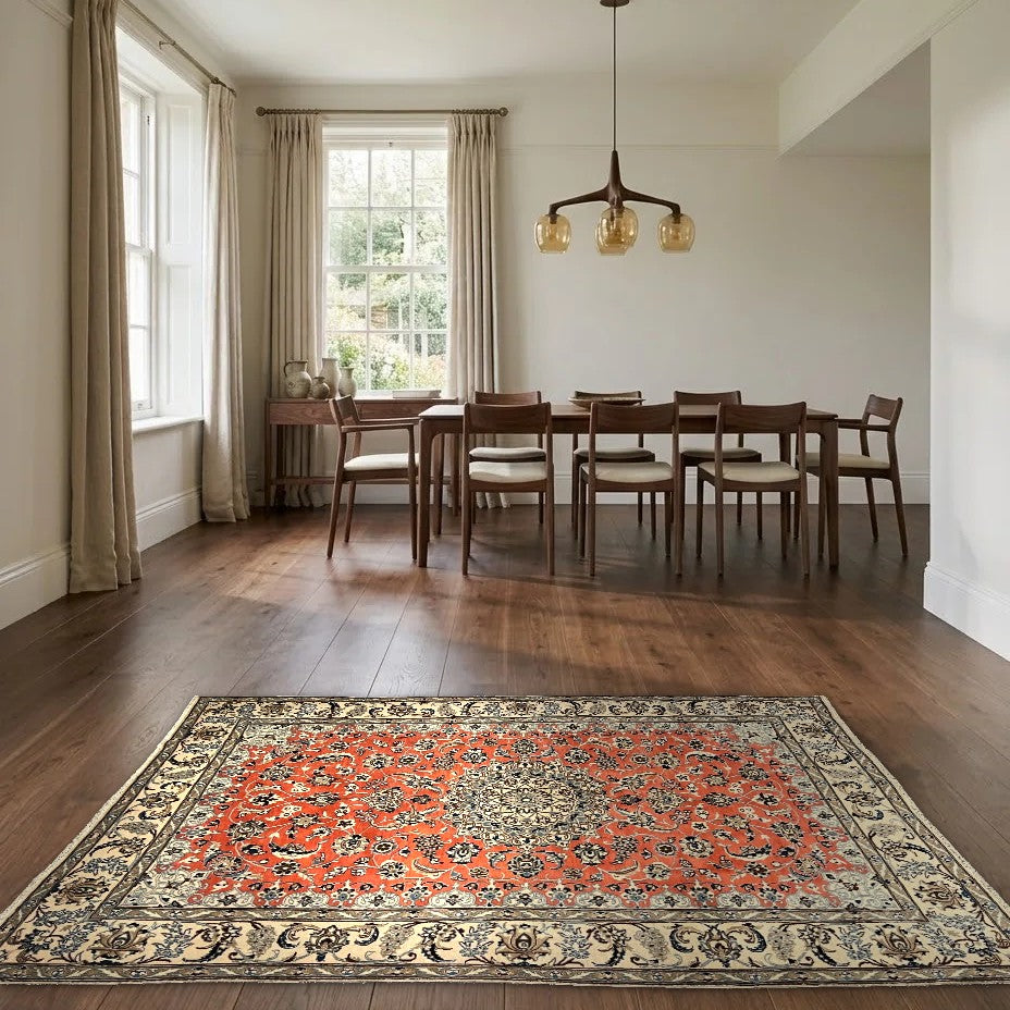 Room view: the rug on the floor of a furnished room