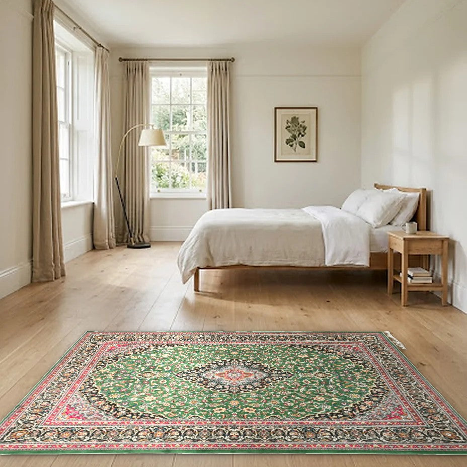 Room view: the rug on the floor of a furnished room