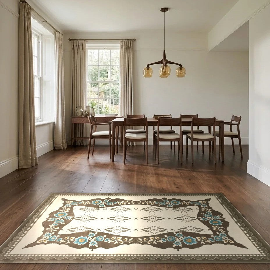 Room view: the rug on the floor of a furnished room