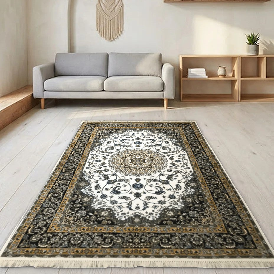 Room view: the rug on the floor of a furnished room