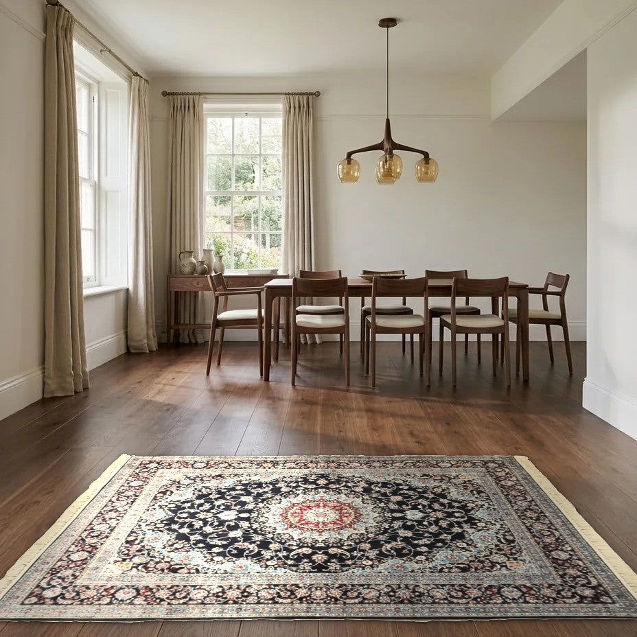 Room view: the rug on the floor of a furnished room