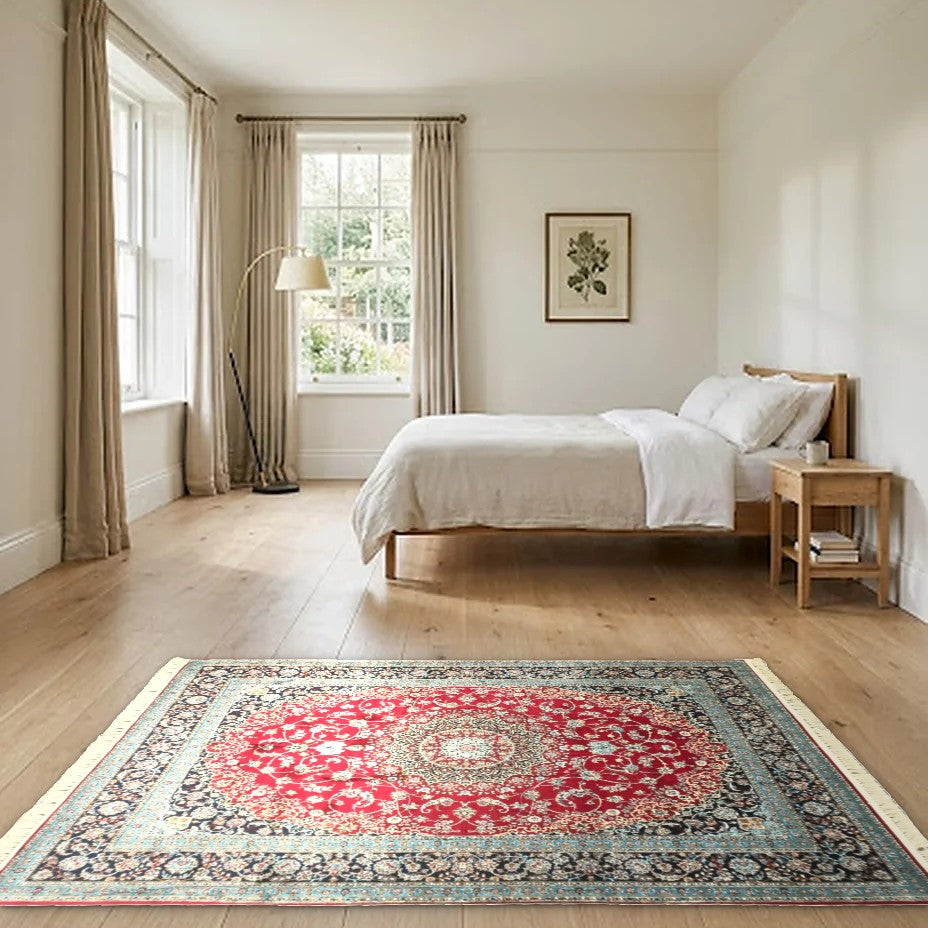 Room view: the rug on the floor of a furnished room