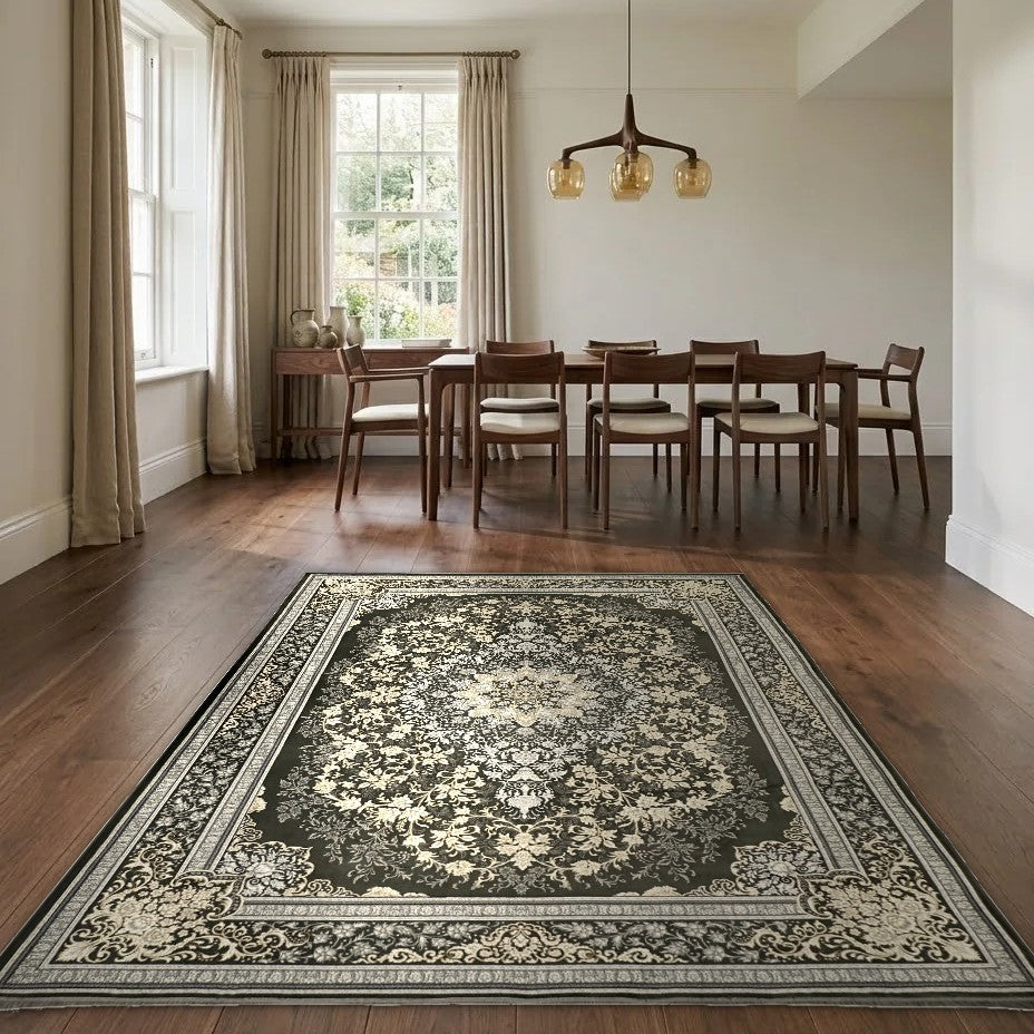 Room view: the rug on the floor of a furnished room