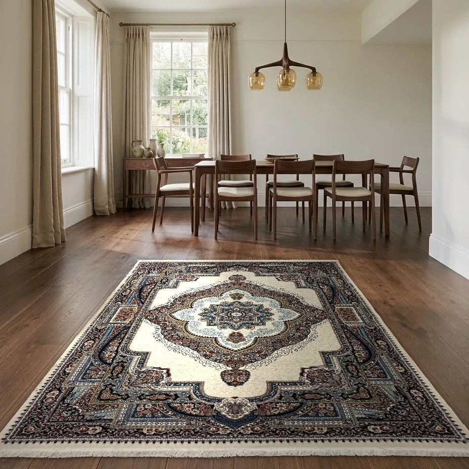 Room view: the rug on the floor of a furnished room