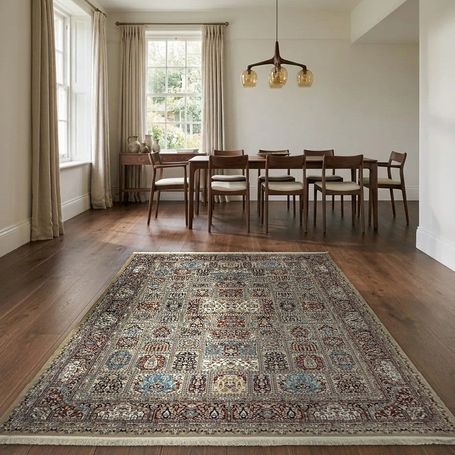 Room view: the rug on the floor of a furnished room