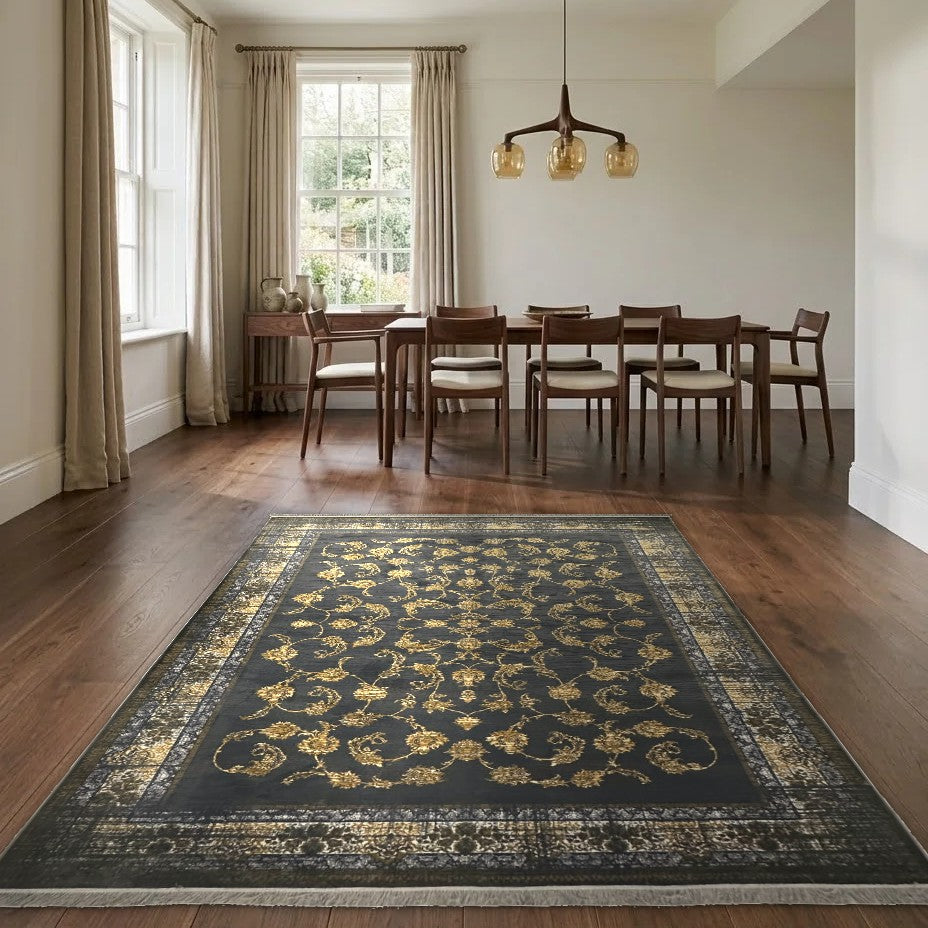 Room view: the rug on the floor of a furnished room