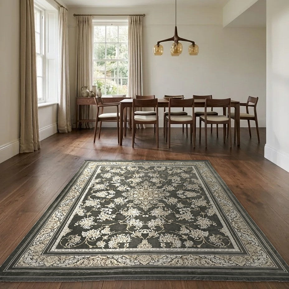 Room view: the rug on the floor of a furnished room