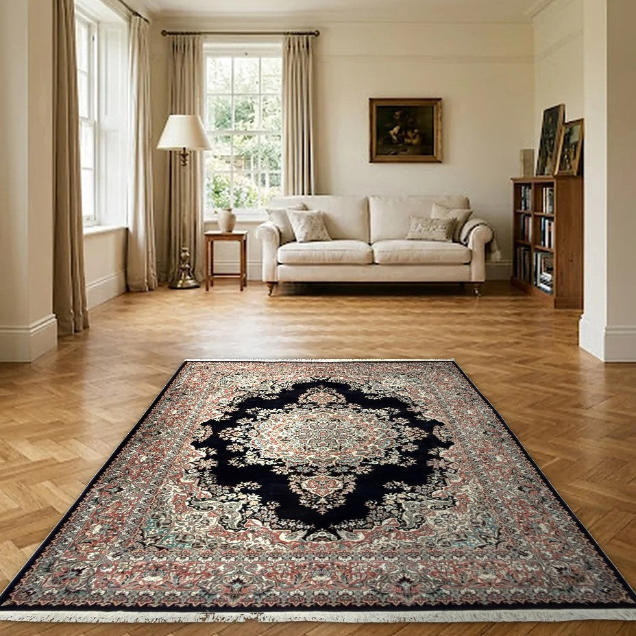 Room view: the rug on the floor of a furnished room