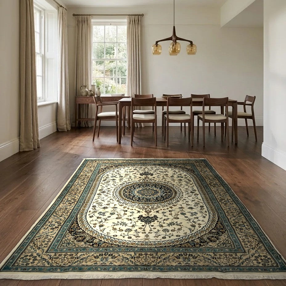 Room view: the rug on the floor of a furnished room
