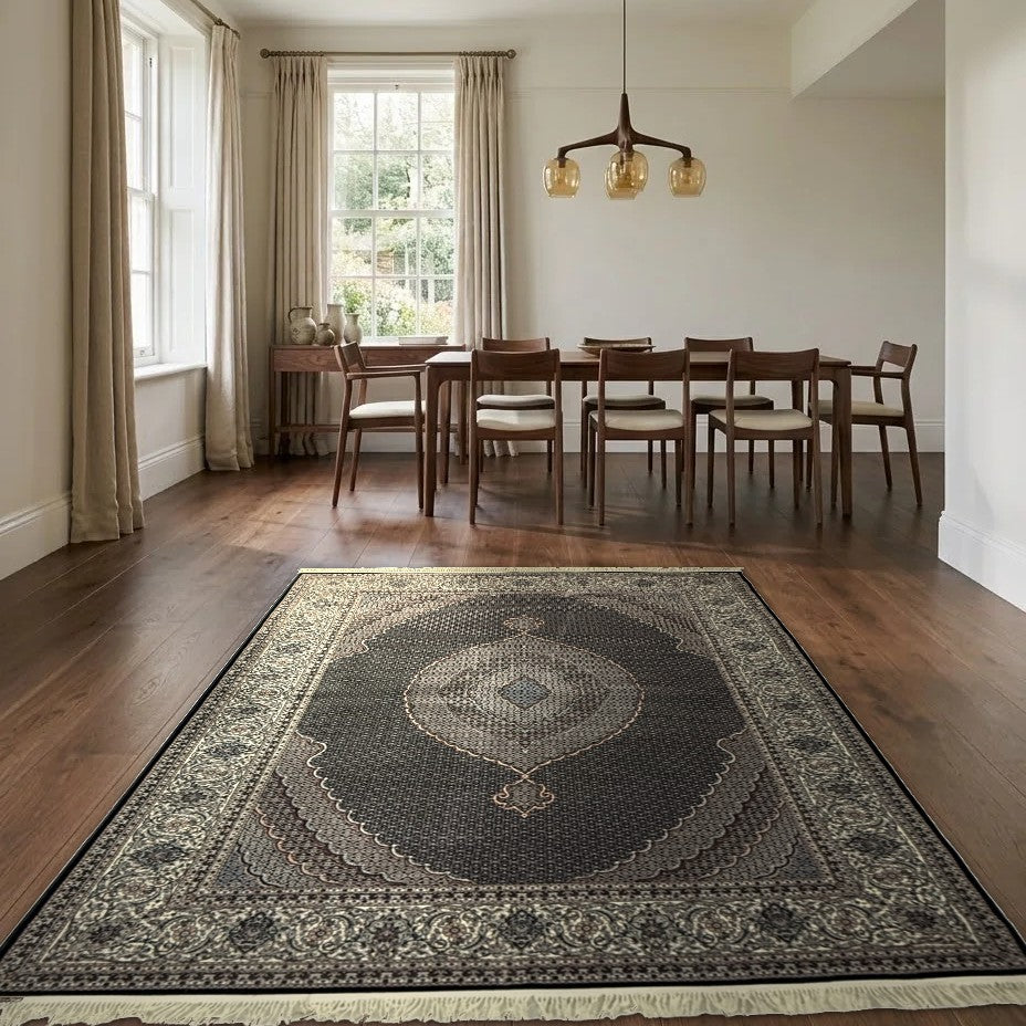 Room view: the rug on the floor of a furnished room