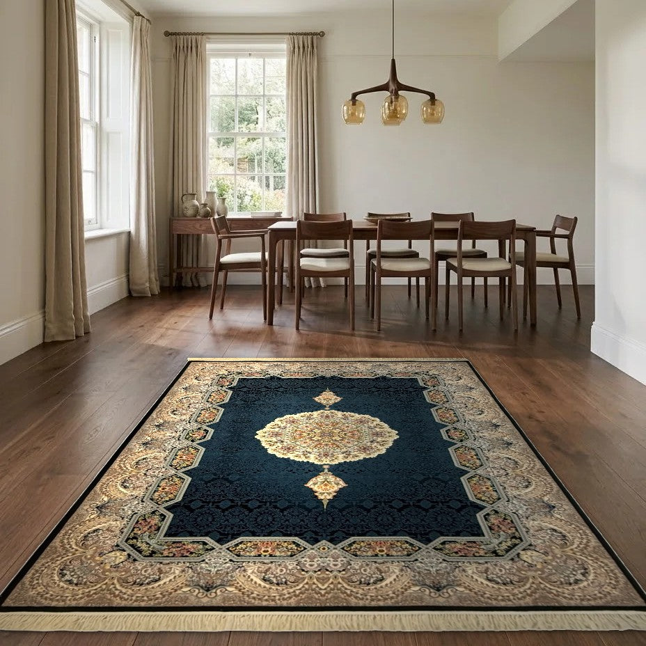 Room view: the rug on the floor of a furnished room