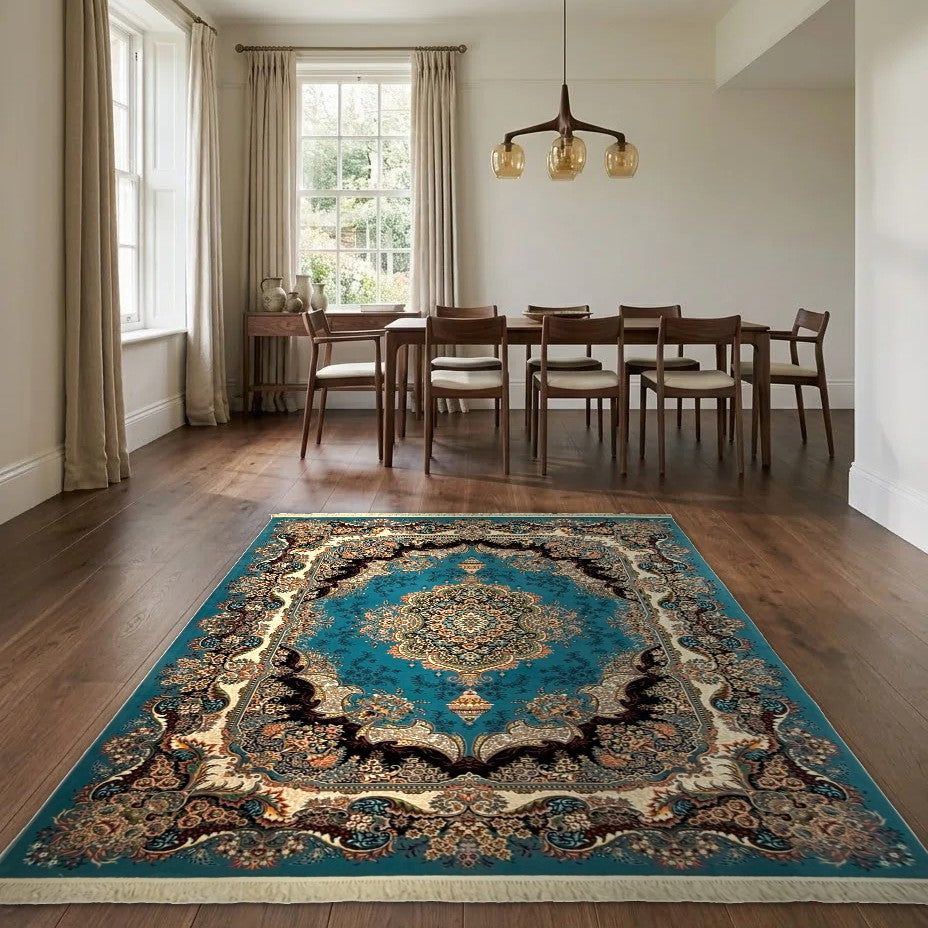 Room view: the rug on the floor of a furnished room