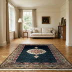 Room view: the rug on the floor of a furnished room