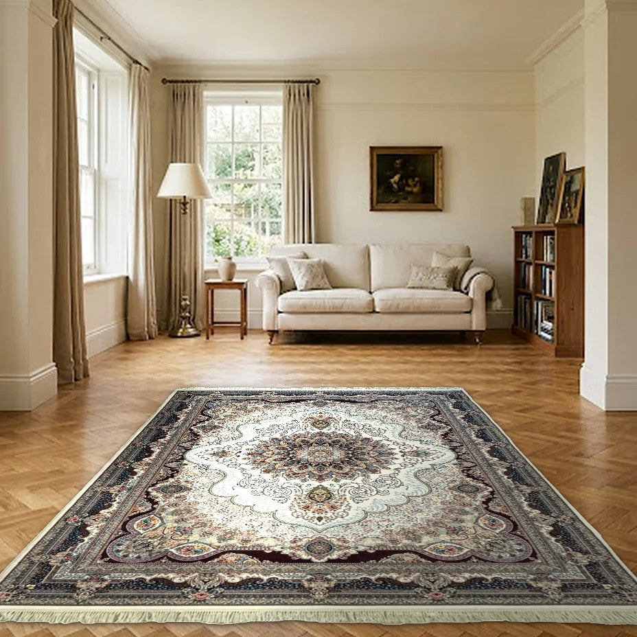 Room view: the rug on the floor of a furnished room
