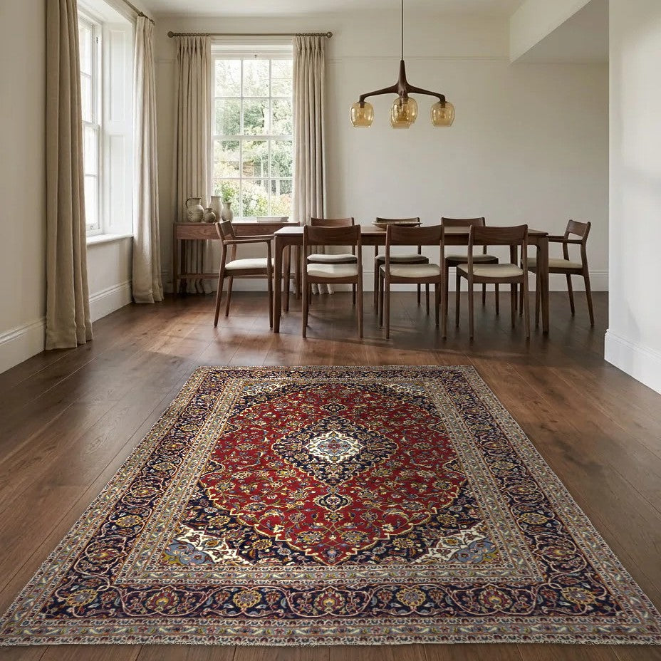 Room view: the rug on the floor of a furnished room