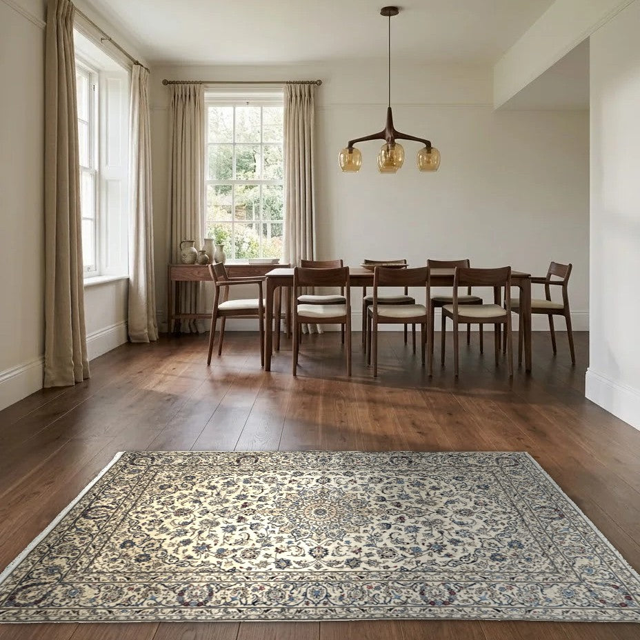 Room view: the rug on the floor of a furnished room