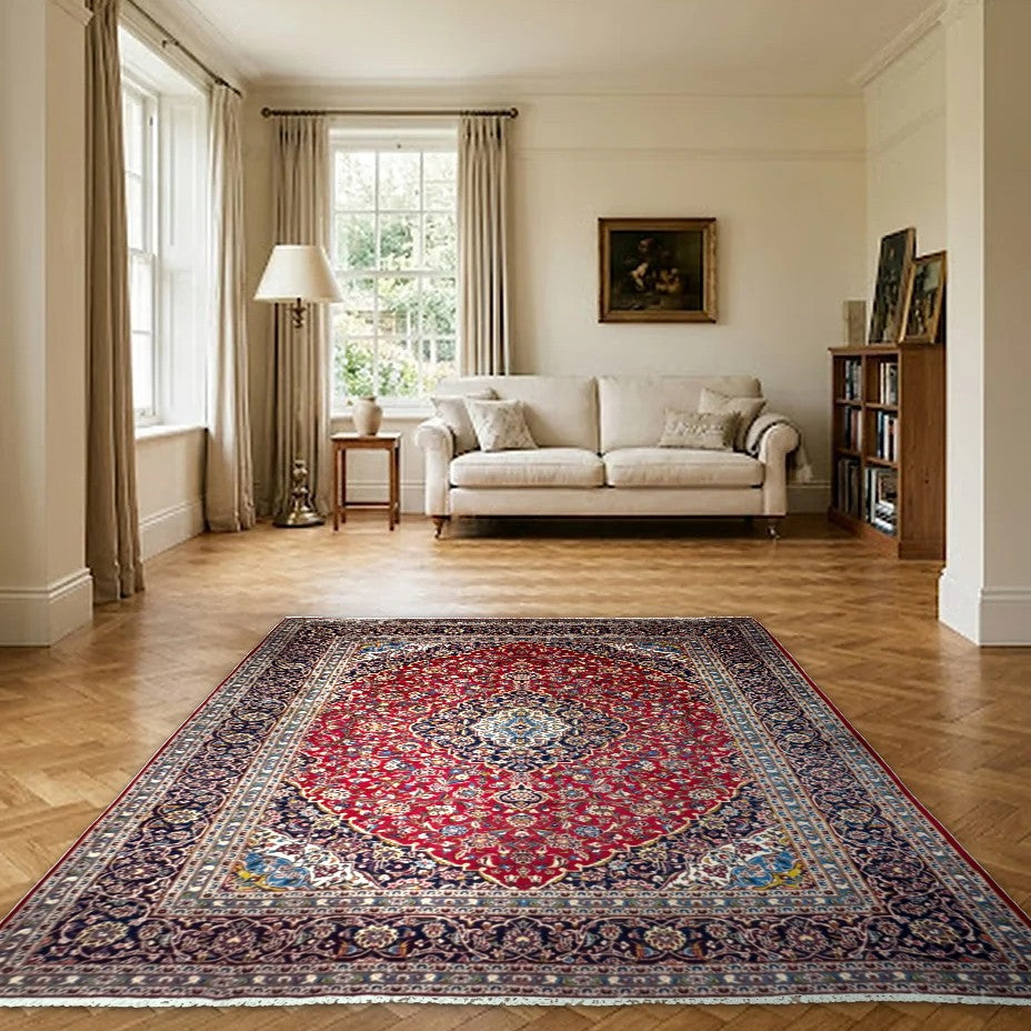 Room view: the rug on the floor of a furnished room