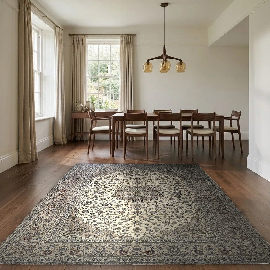 Room view: the rug on the floor of a furnished room