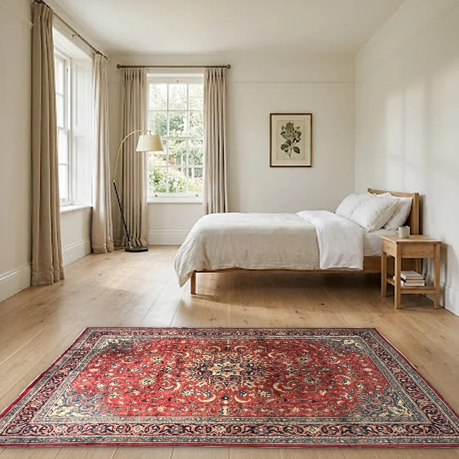 Room view: the rug on the floor of a furnished room