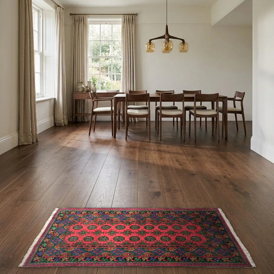 Room view: the rug on the floor of a furnished room