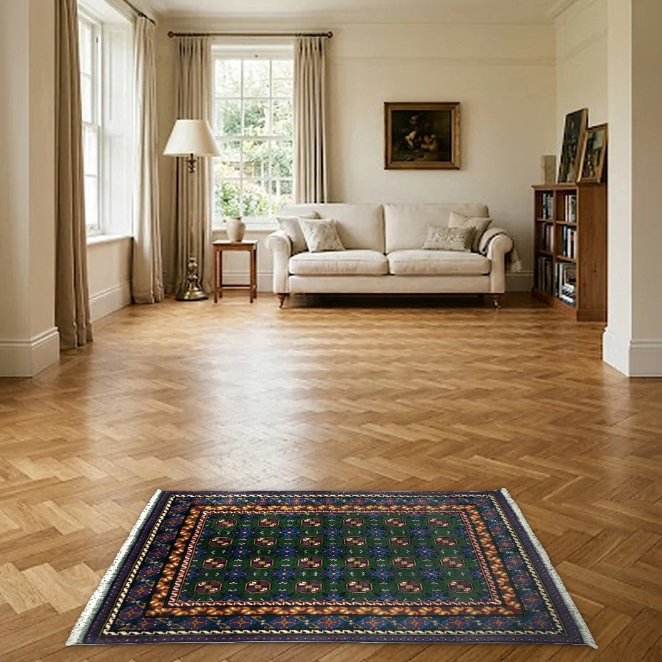 Room view: the rug on the floor of a furnished room
