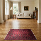 Room view: the rug on the floor of a furnished room