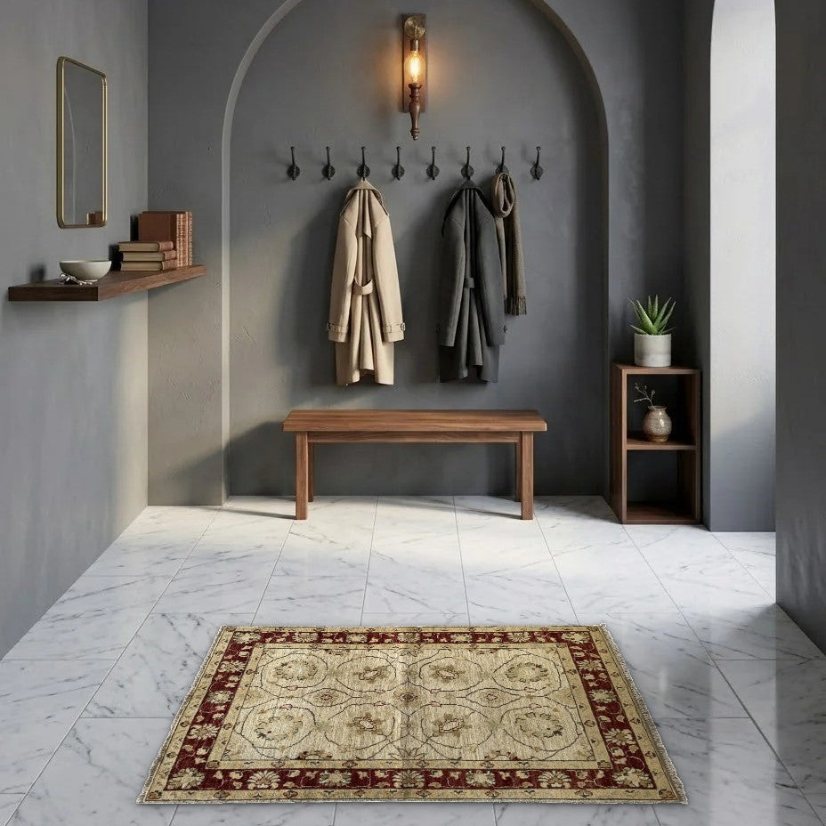 Room view: the rug on the floor of a furnished room