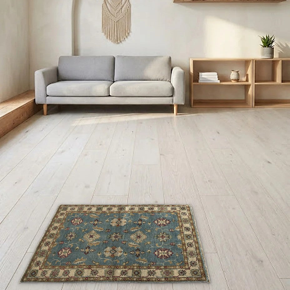 Room view: the rug on the floor of a furnished room