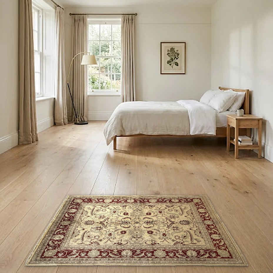 Room view: the rug on the floor of a furnished room
