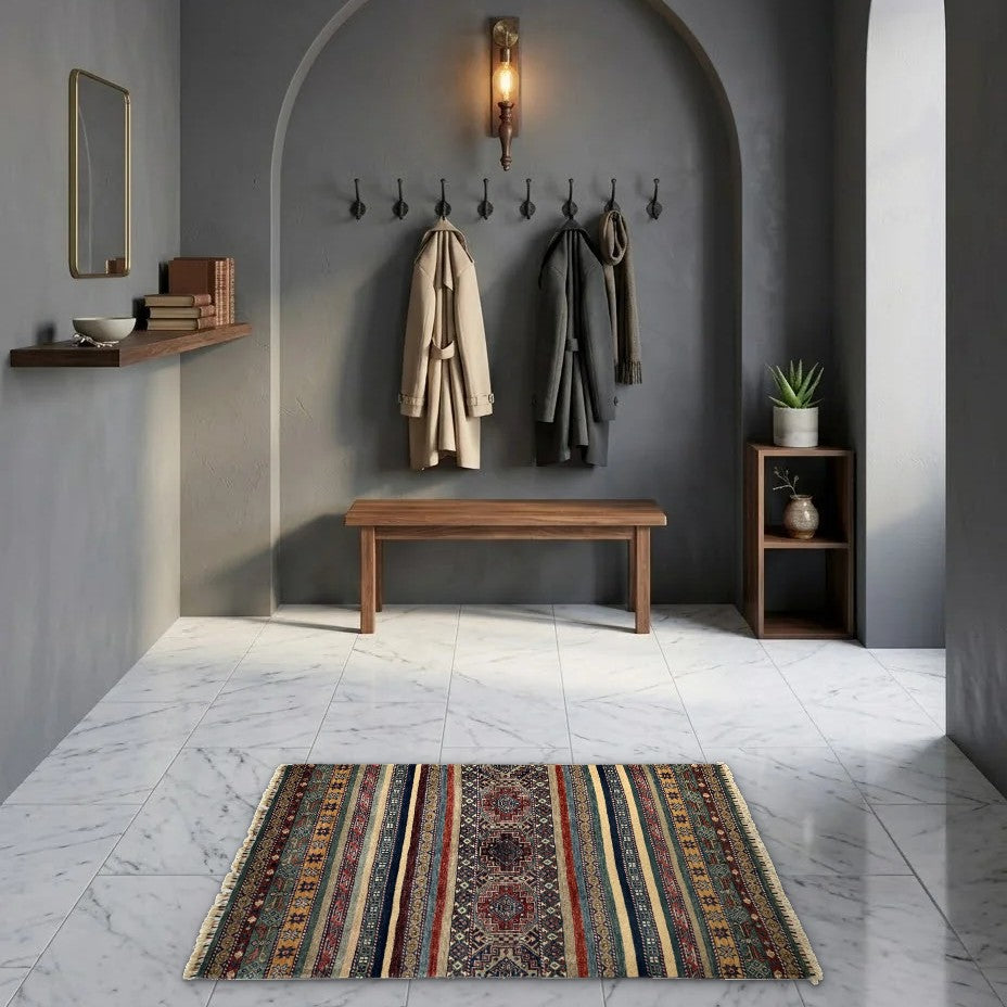 Room view: the rug on the floor of a furnished room