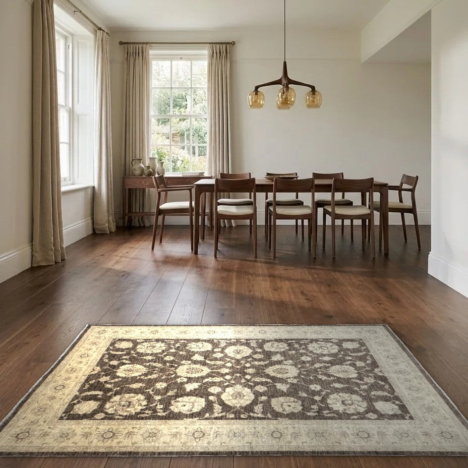 Room view: the rug on the floor of a furnished room