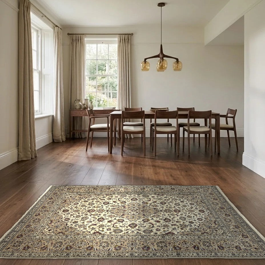 Room view: the rug on the floor of a furnished room