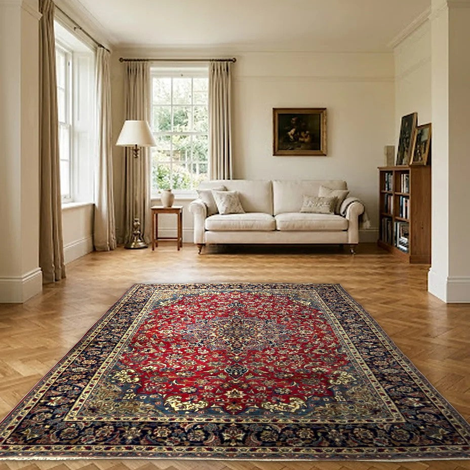 Room view: the rug on the floor of a furnished room